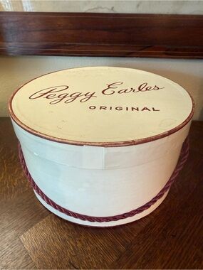 Original Cream Decorative Hat Box with Burgundy Trim